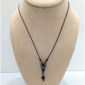 1928 Blue Rhinestone Y Drop Necklace Gunmetal Vintage Style 16-19"